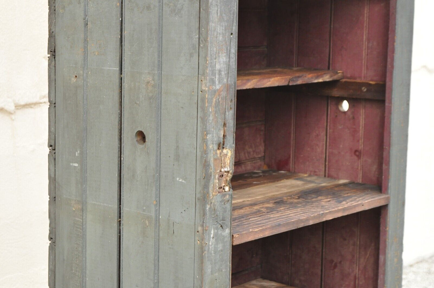 Antique American Primitive Blue Green Distressed Painted Tall Kitchen Cupboard