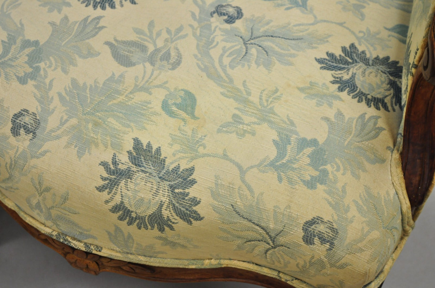 Antique French Country Provincial Carved Walnut Wingback Lounge Chairs Pair