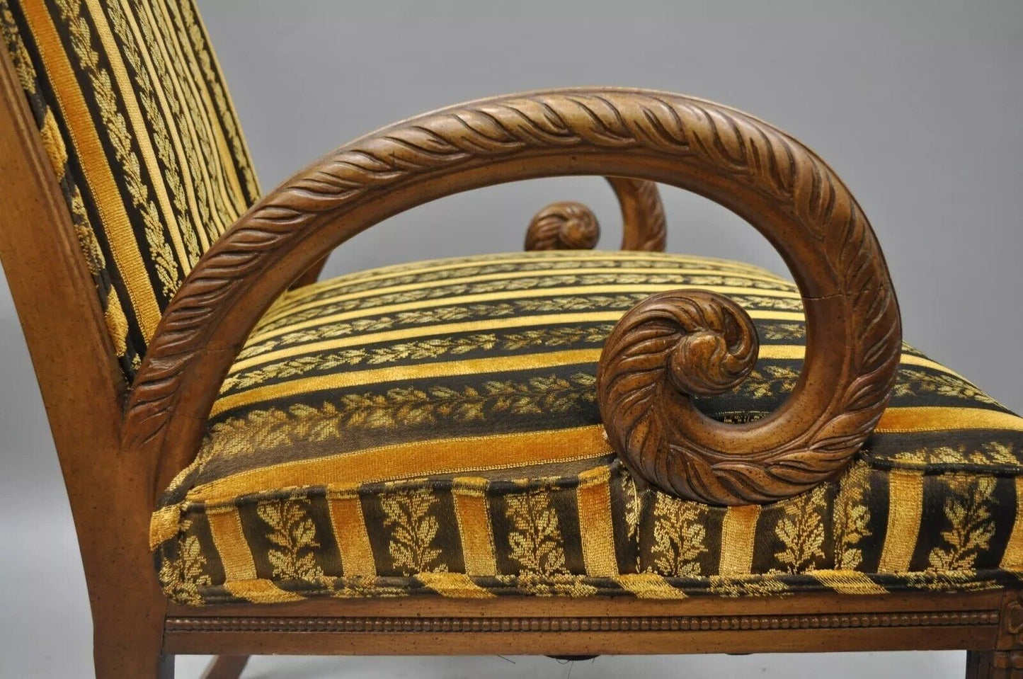 Grosfeld House Hollywood Regency Mahogany Plume Feather Carved Arm Chairs - Pair