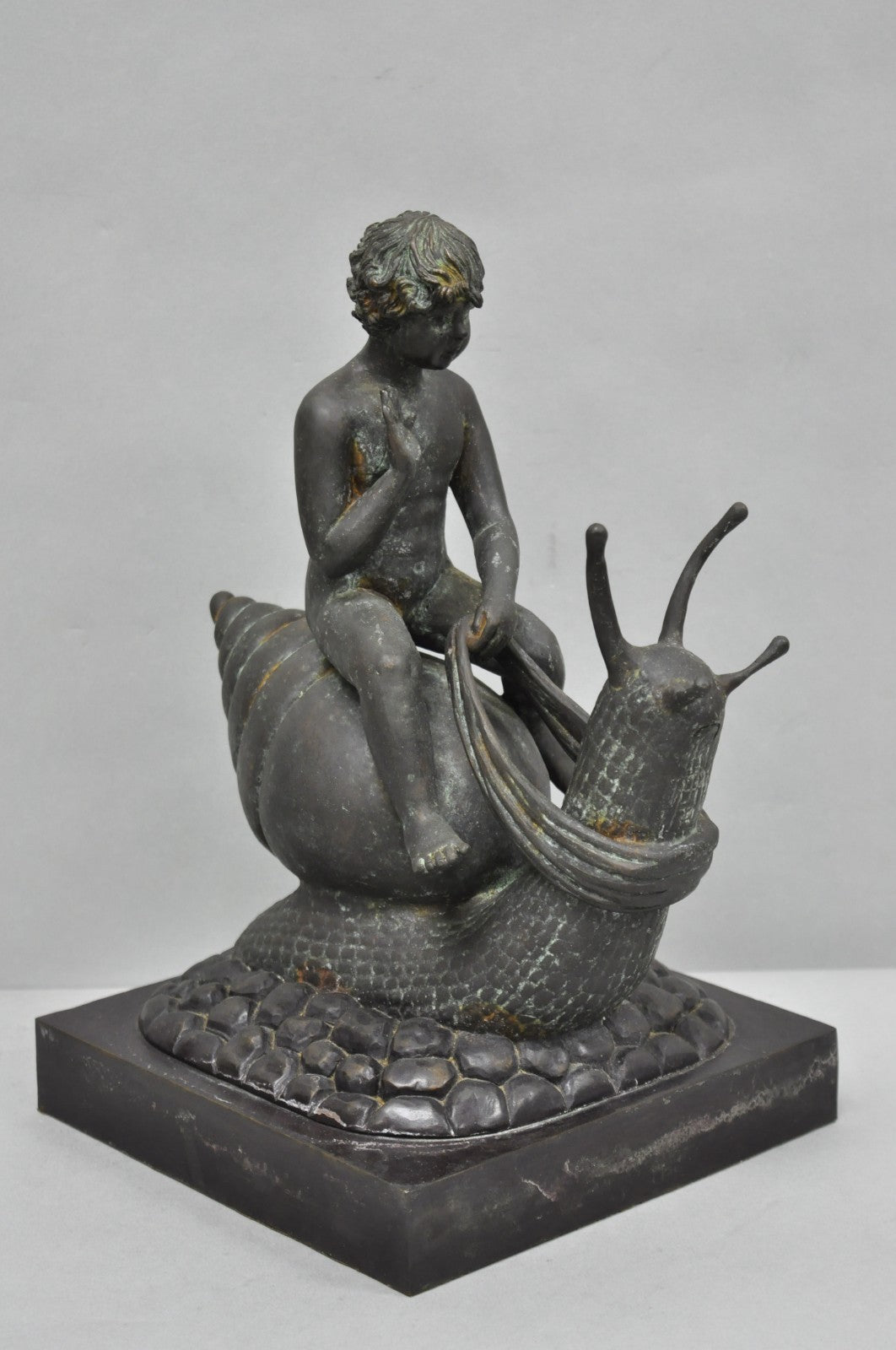 Vintage Mythical Bronze Cherub Riding Snail Sculpture Figure attr Maitland Smith