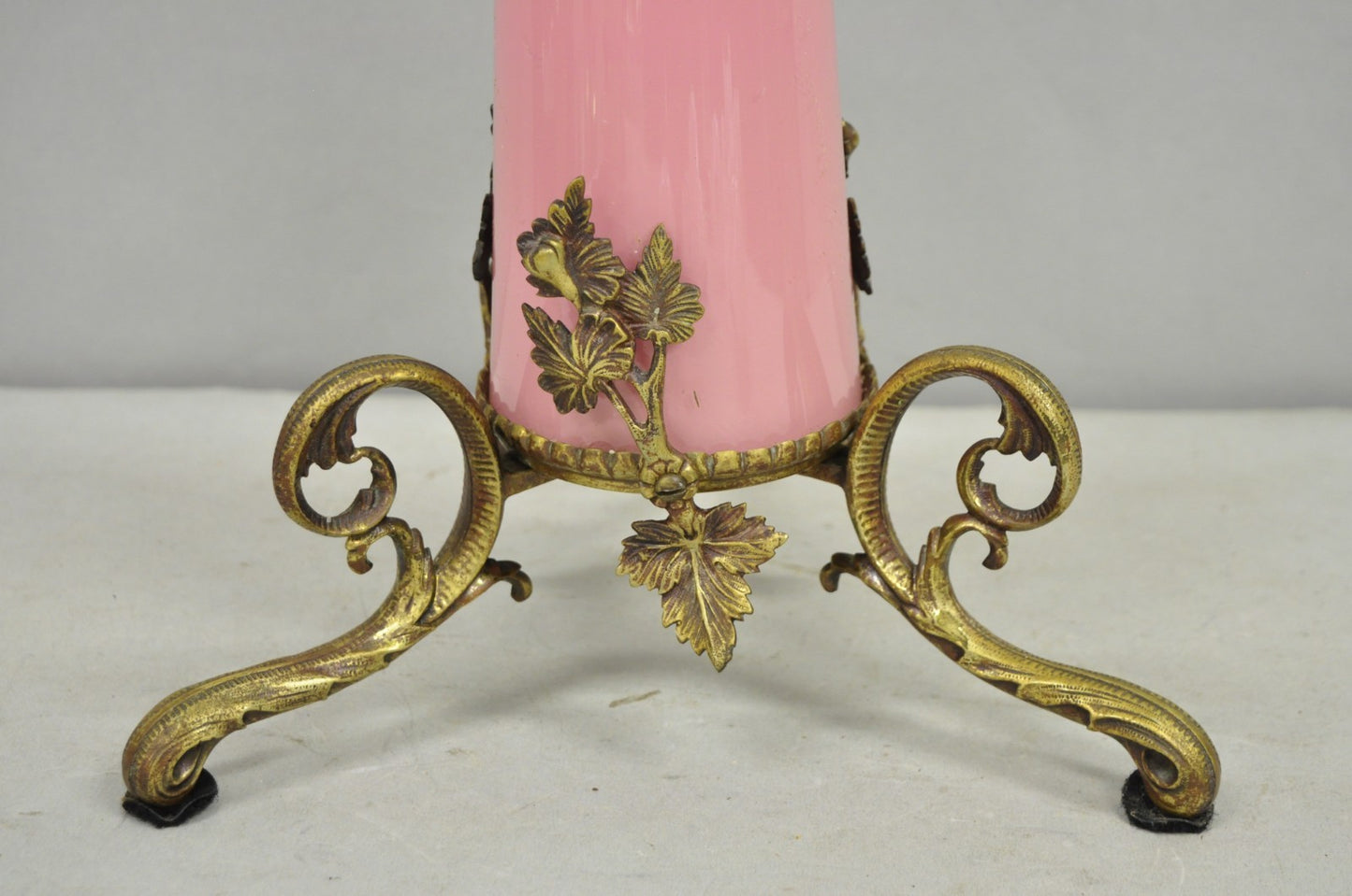 French Renaissance Art Nouveau Bronze 4 Candle Pink Glass Column Candelabra