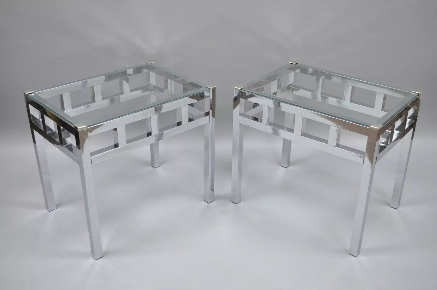 Mid Century Modern Baughman Style Chrome & Glass Rectangle Side Tables - a Pair