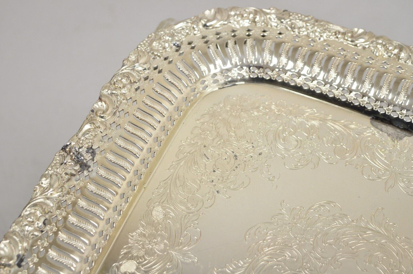 Vintage English Victorian Silver Plated Reticulated Square Serving Platter Tray