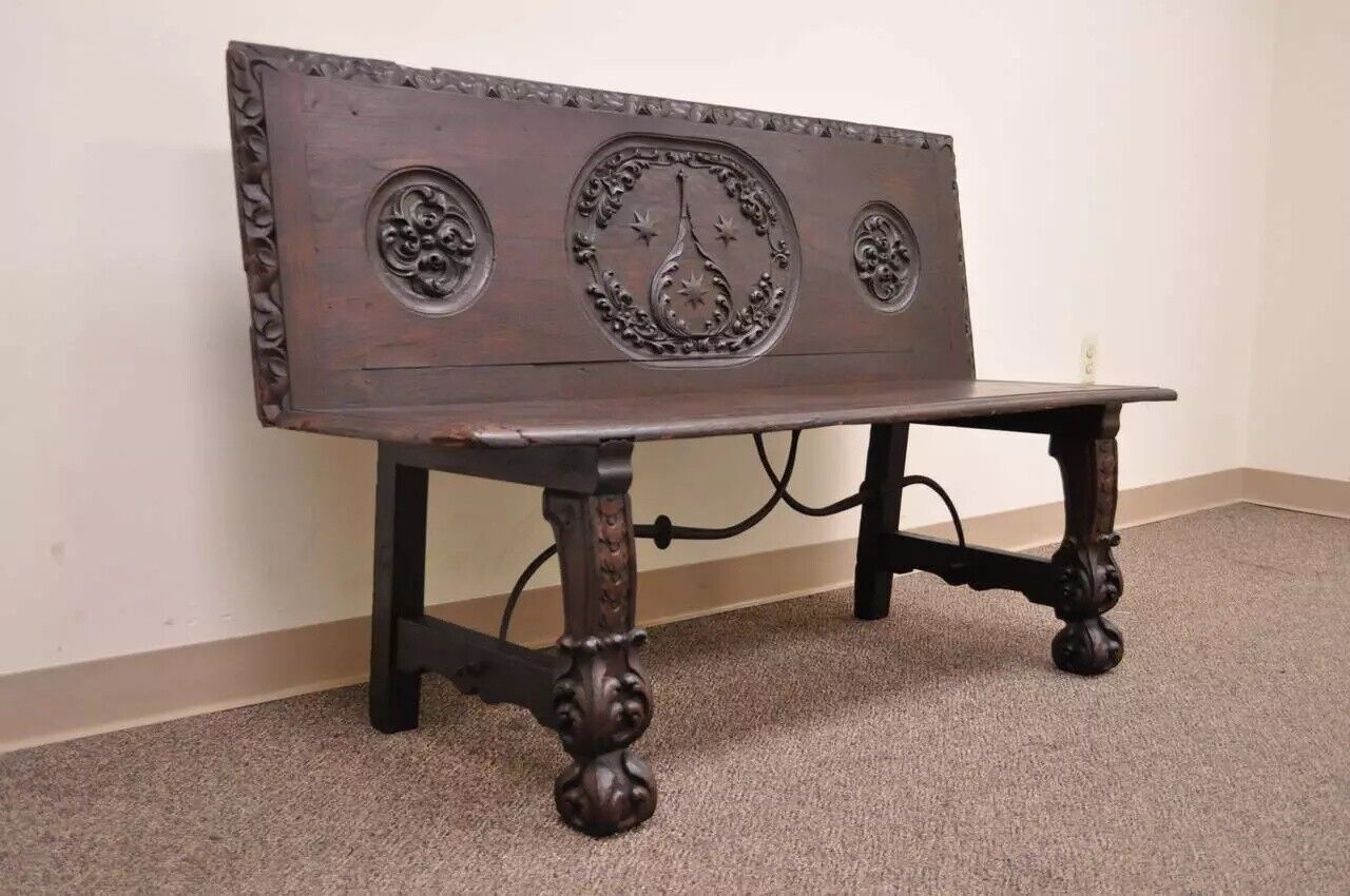 Antique 17th C. English Renaissance Carved Oak and Wrought Iron Bench Banquette