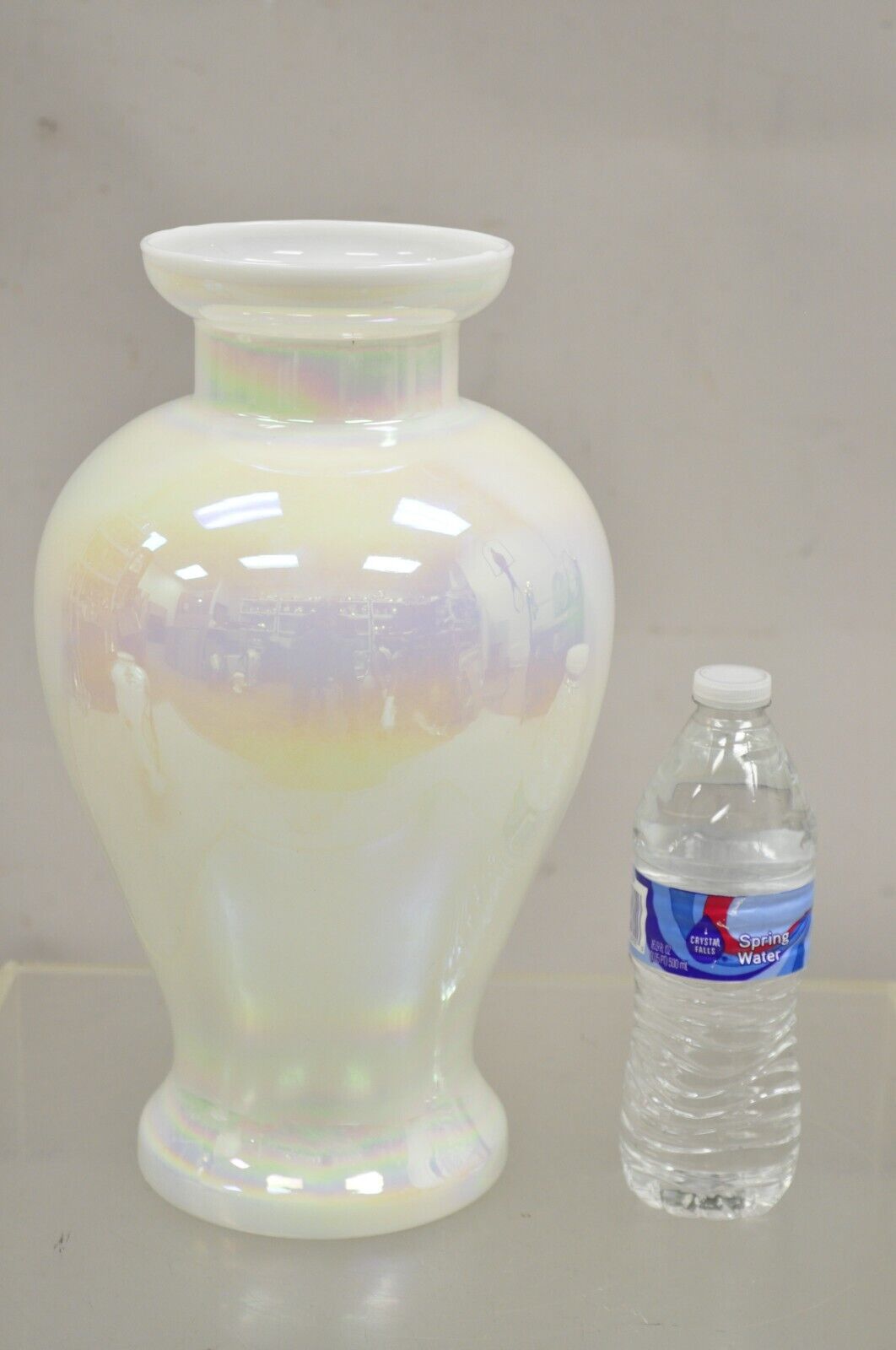 Vintage Pearlescent Opalescent White Iridescent Hand Blown Art Glass Flower Vase