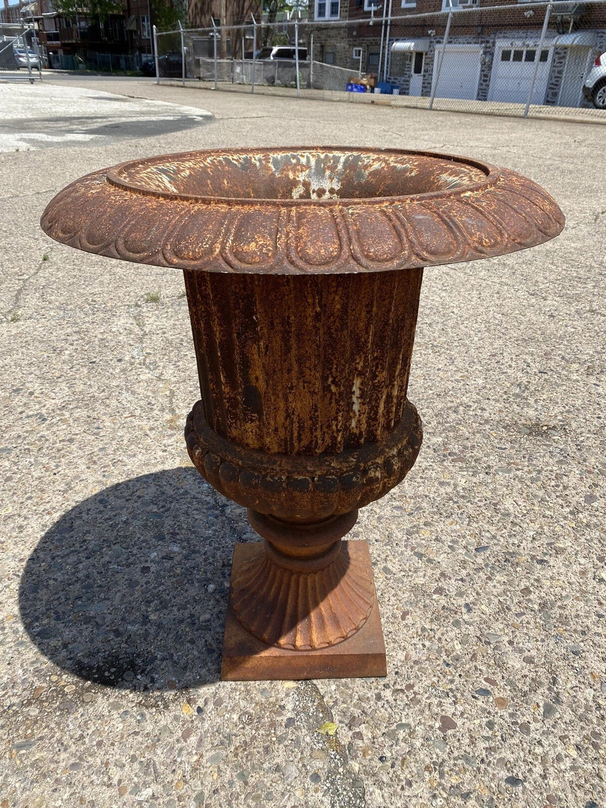 French Large Cast Iron 40" Tall Campana Urn Style Fluted Outdoor Garden Planter