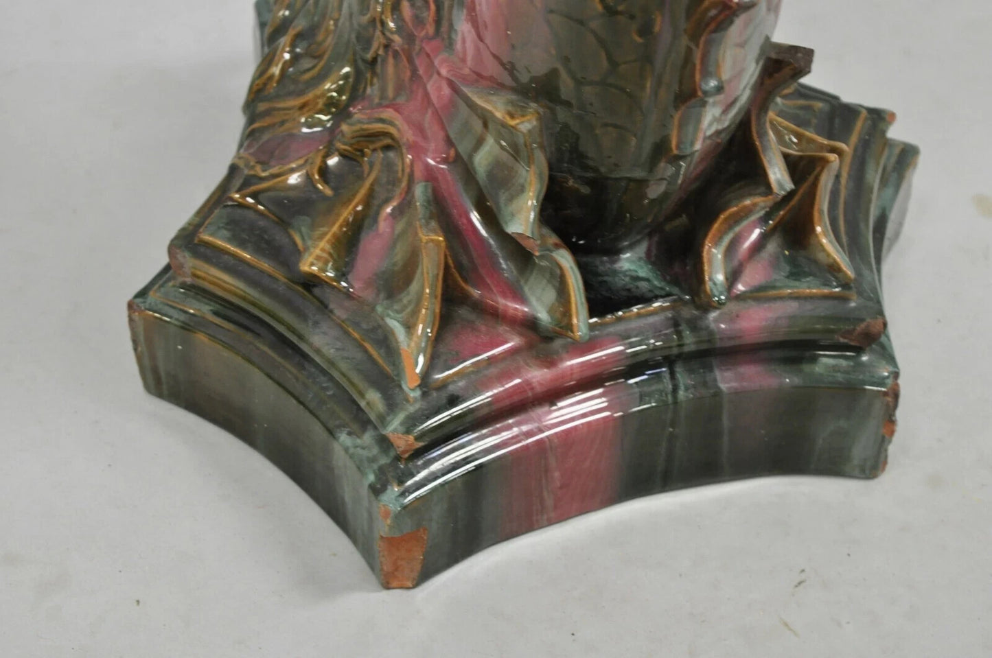 Antique Majolica Terracotta Pottery Dolphin Serpent Pink Plant Stand Pedestal