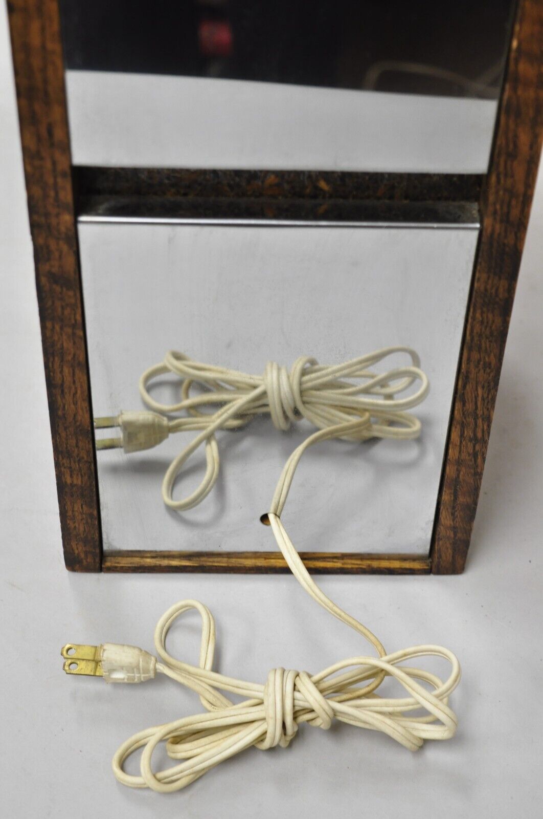 Vintage Mid Century Modern Oak Wood & Double Sided Mirror Cubist Table Lamp