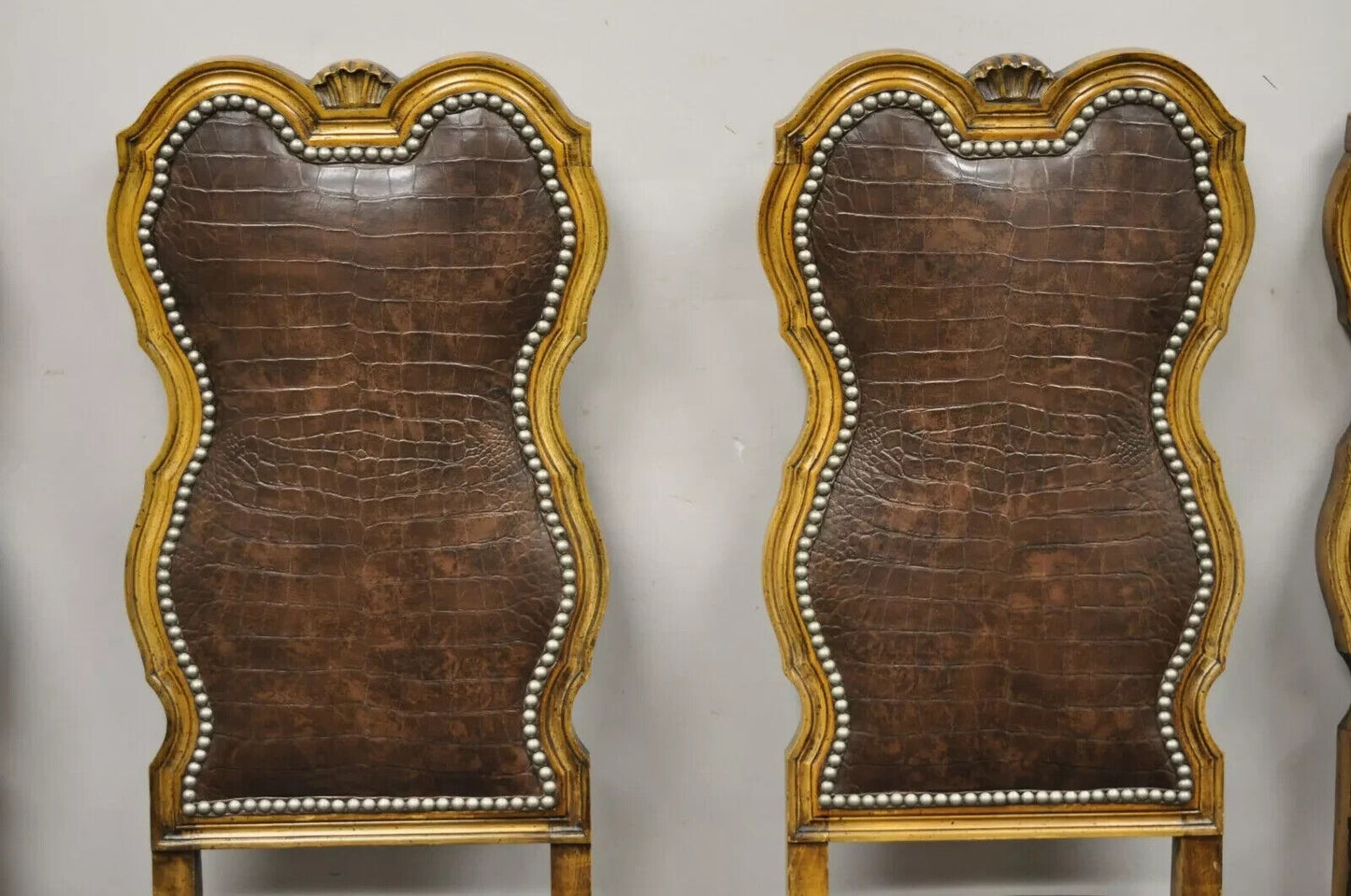 Italian Baroque Rococo Carved Wood Brown Reptile Print Dining Chairs - Set of 4