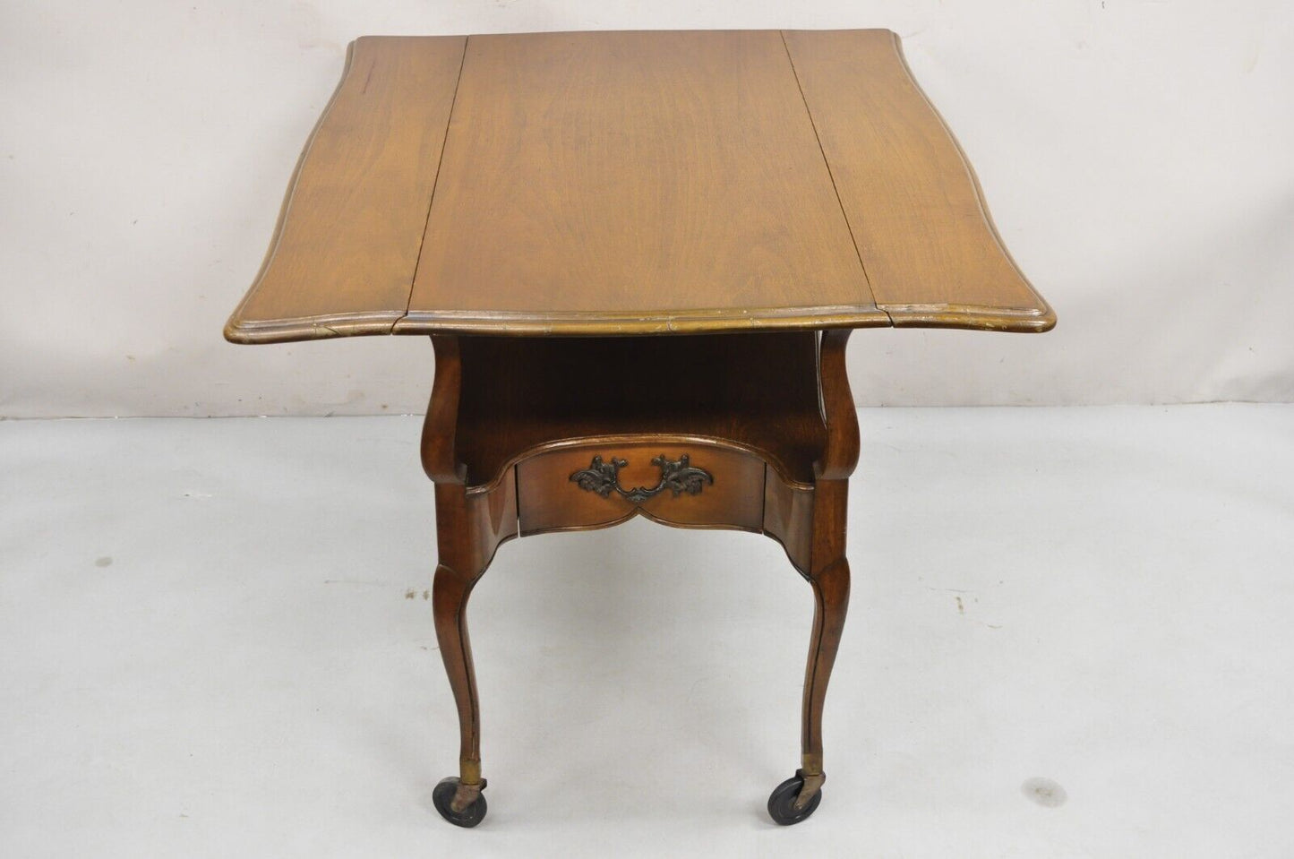 Vintage French Country Style Cherry Wood 2 Drawer Drop Leaf Rolling Serving Cart