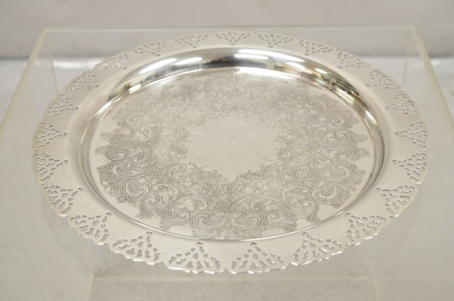 Vintage Home Decorators Inc Silver Plated Pierced Gallery Round Serving Tray