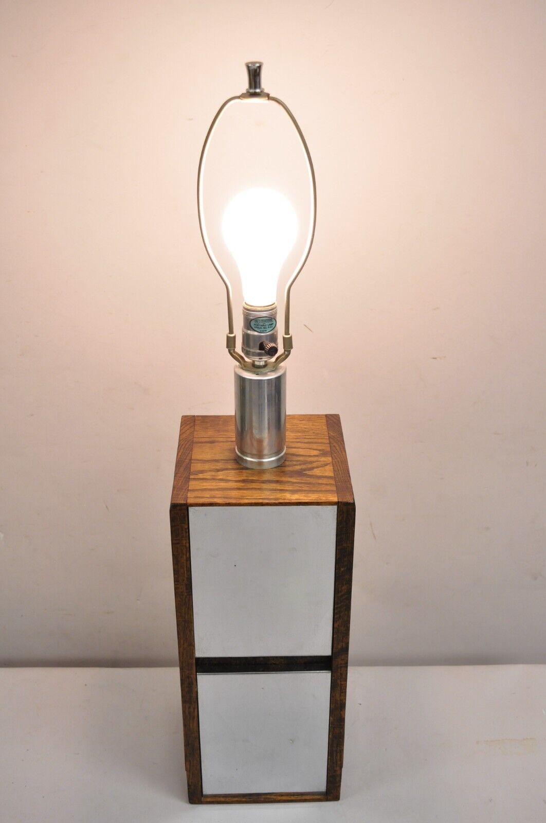 Vintage Mid Century Modern Oak Wood & Double Sided Mirror Cubist Table Lamp