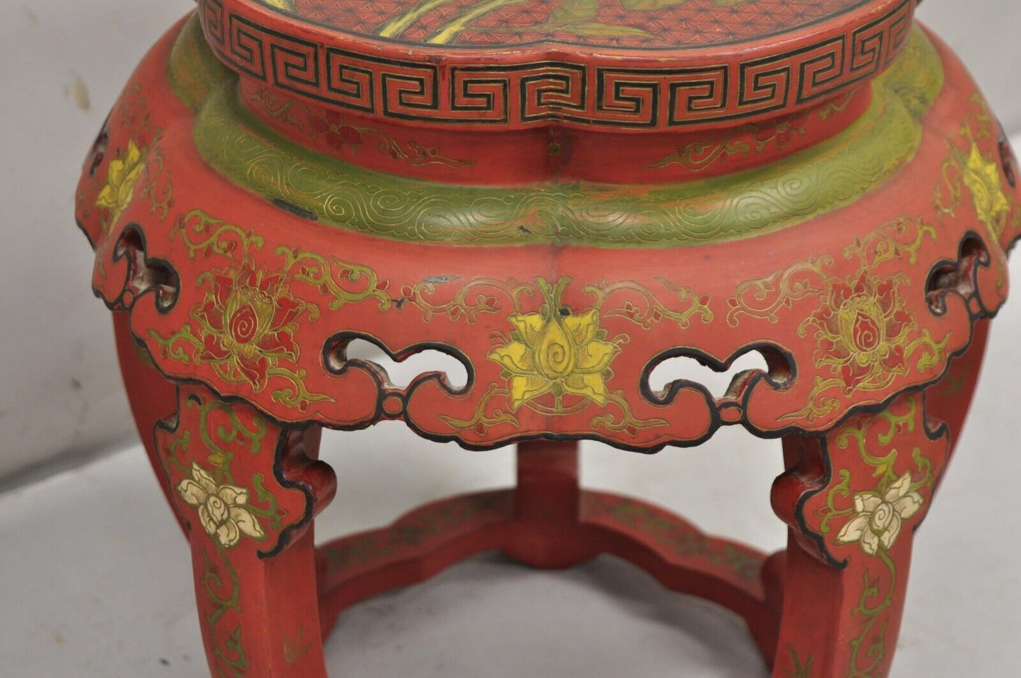 Vintage Chinoiserie Red Lacquer Chinese Drum Stool w Hand Painted Bird & Flowers