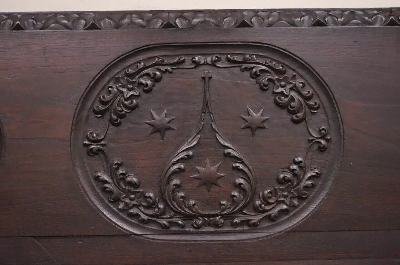 Antique 17th C. English Renaissance Carved Oak and Wrought Iron Bench Banquette