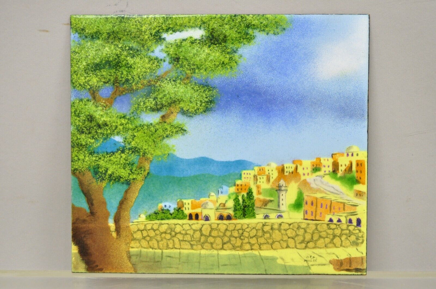 Den Moshe Signed Enamel on Copper Small Painting Yellow Countryside 7 x 8 Art