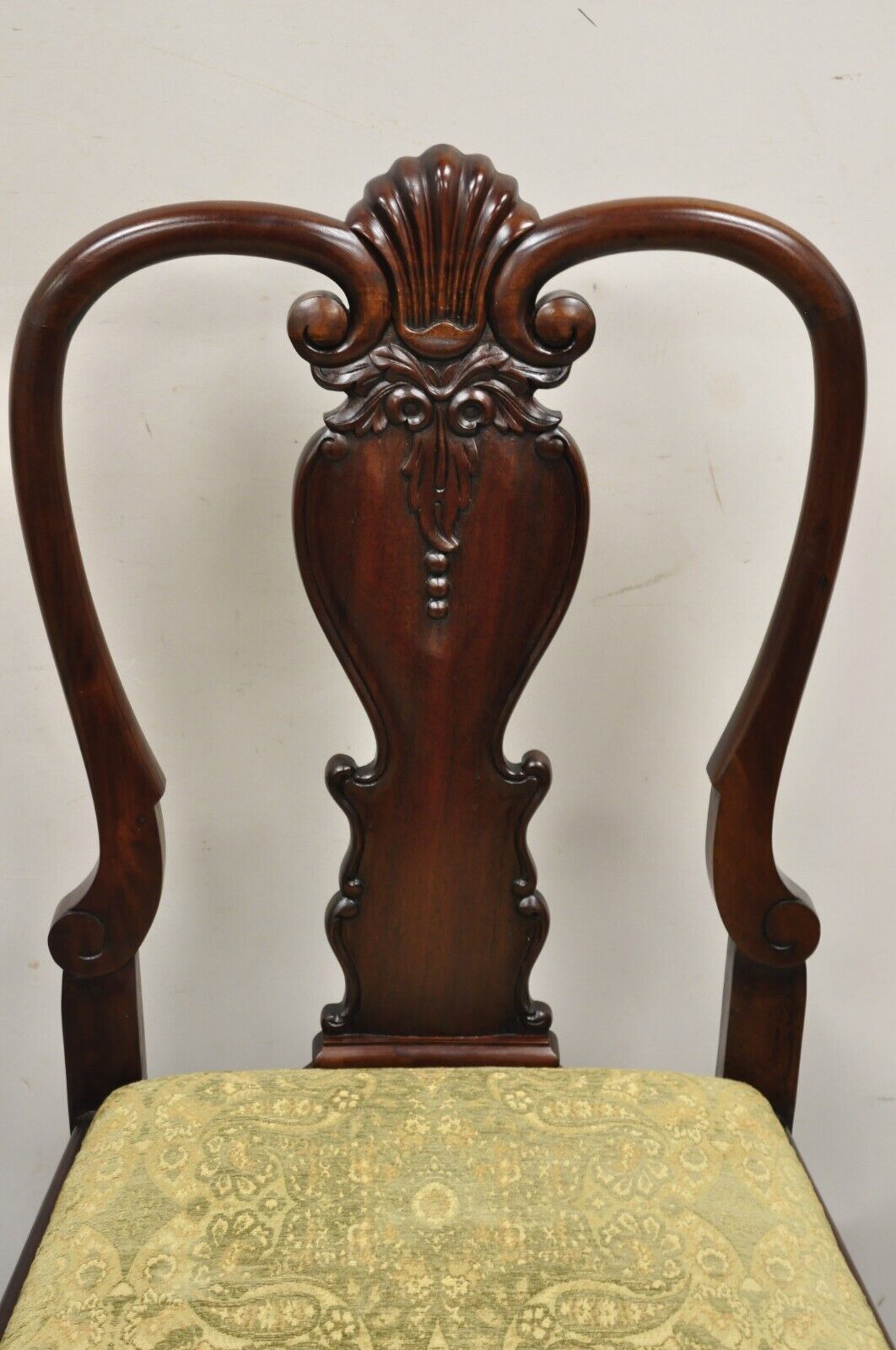 Queen Anne Style Solid Mahogany Carved Fan T-Back Dining Chairs- Set of 12
