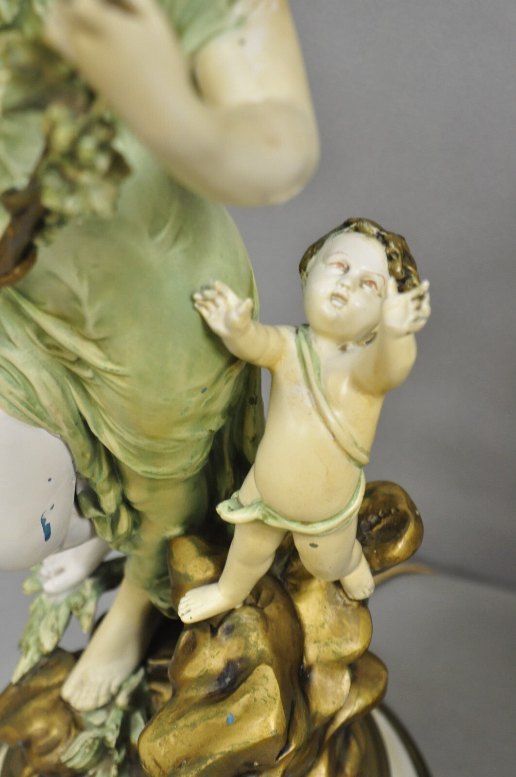 Antique French L&F Moreau Painted Metal Figural Mother & Child Table Lamps Pair