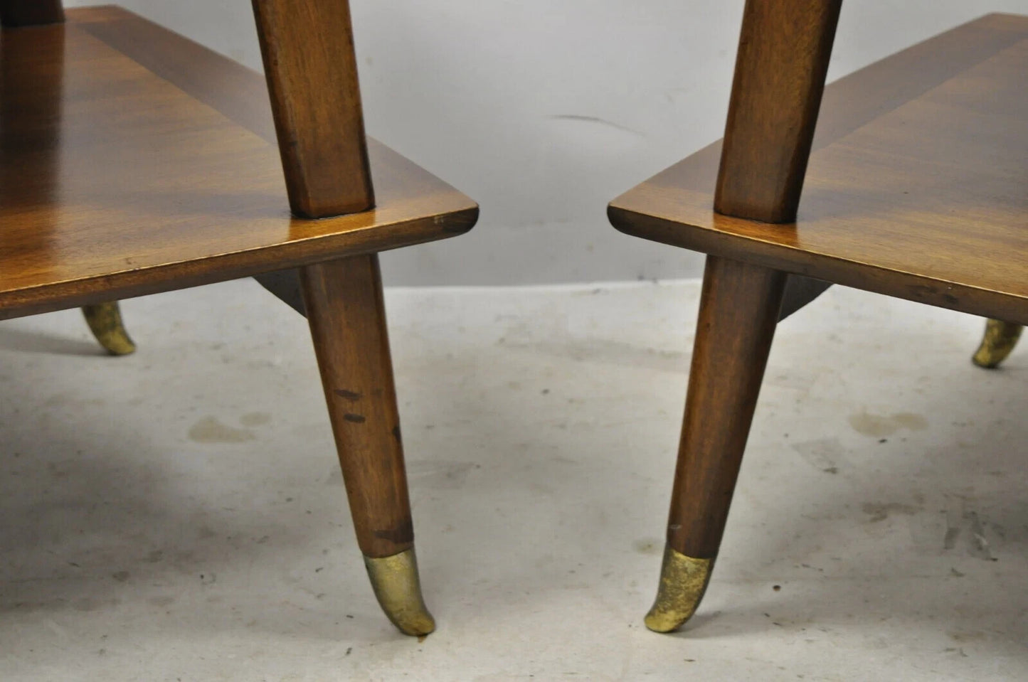 Vintage Mid Century Modern Sculpted Walnut 2 Tier End Tables w Brass Feet - Pair