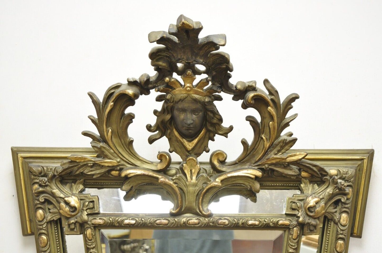 Antique French Renaissance Baroque Carved Giltwood Gesso Wall Mirror with Face