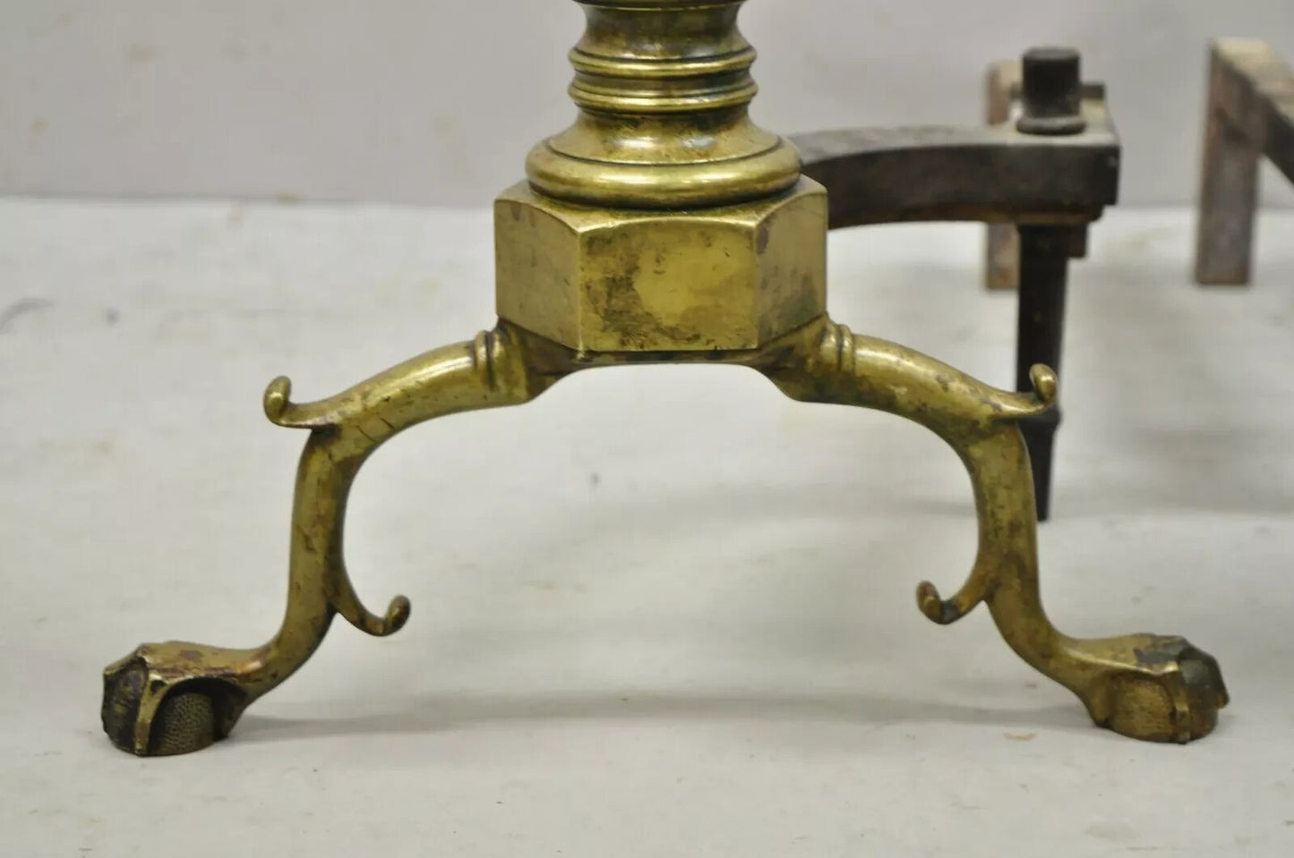 Antique Federal Faceted Brass Cannonball Branch Foot Cast Iron Andirons - a Pair