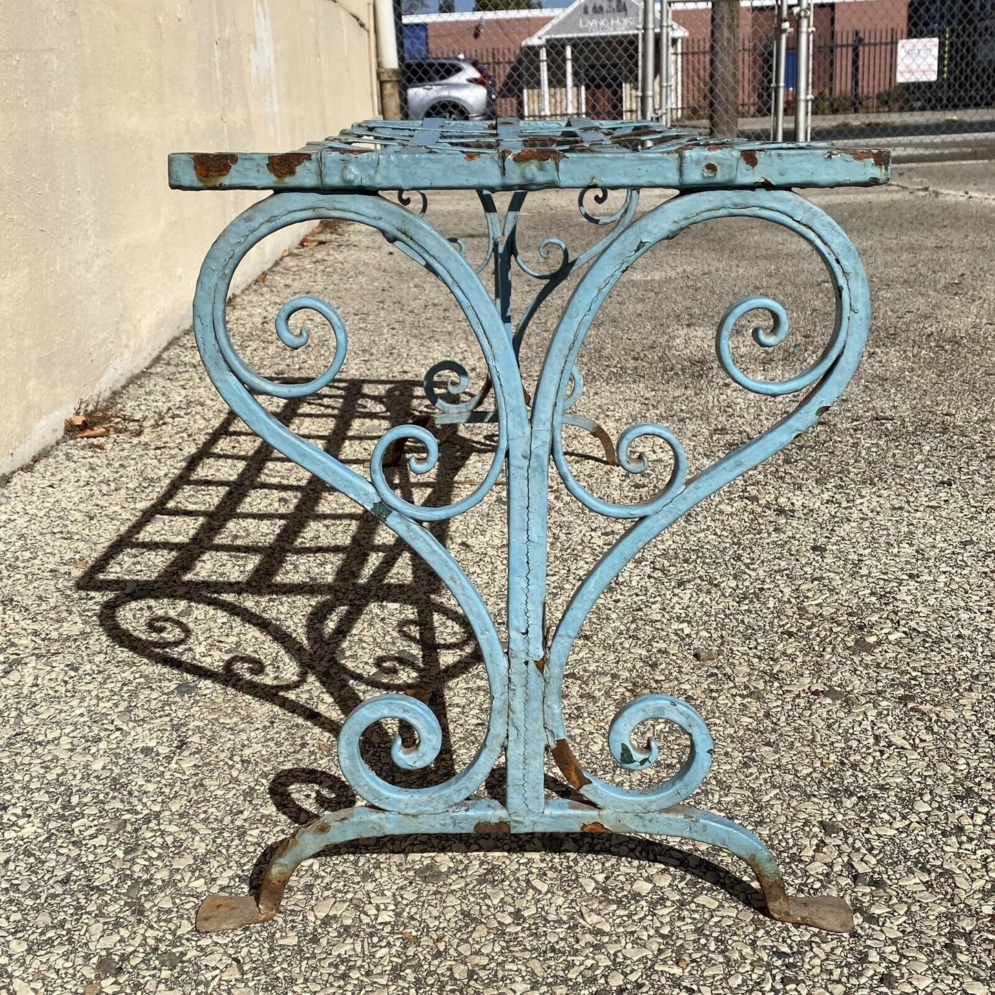 Antique French Art Nouveau Scrolling Wrought Iron Metal Strap Garden Patio Bench