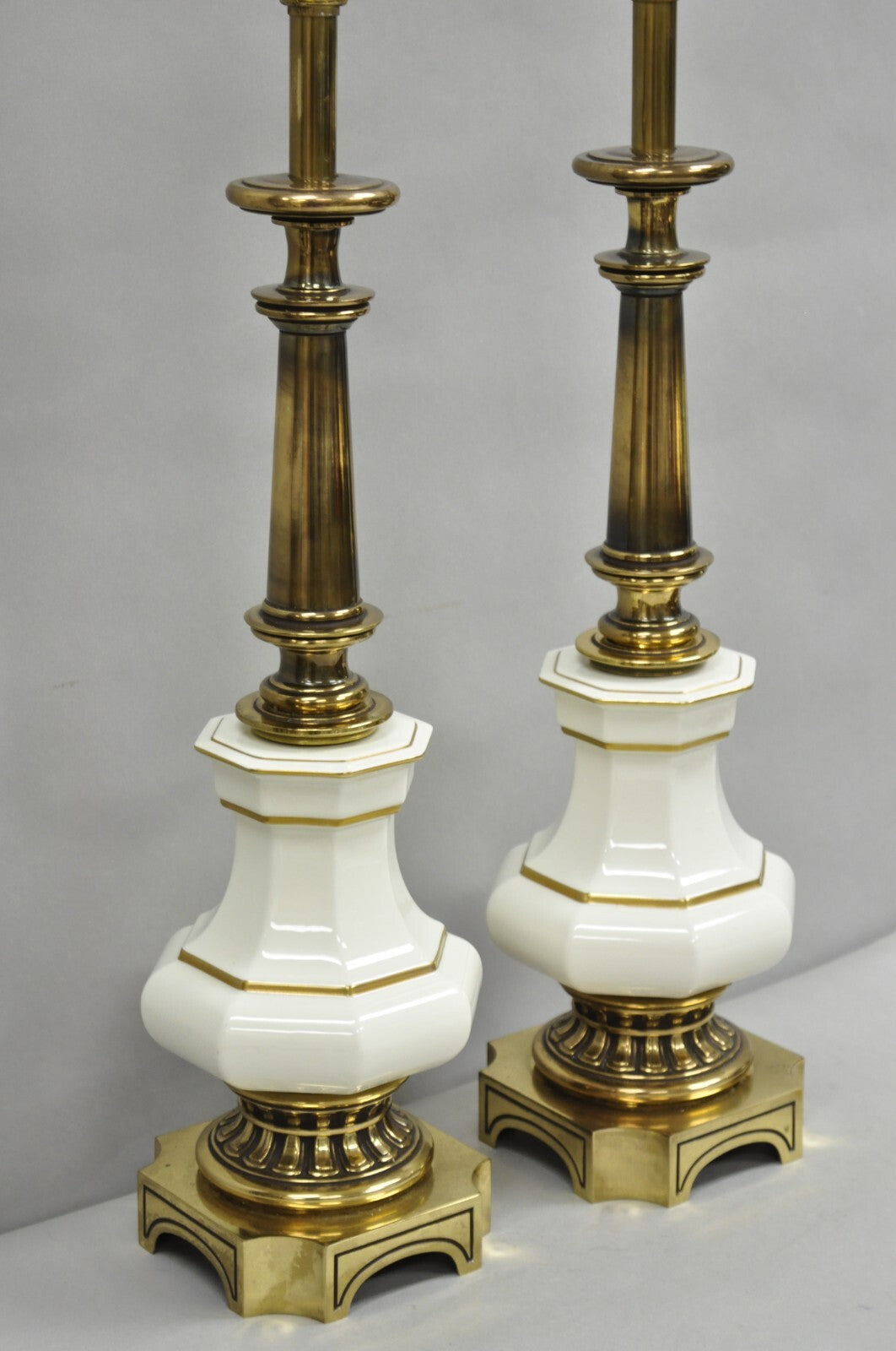 Vintage Stiffel Empire Style Burnished Brass & Porcelain Table Lamps (A) - Pair