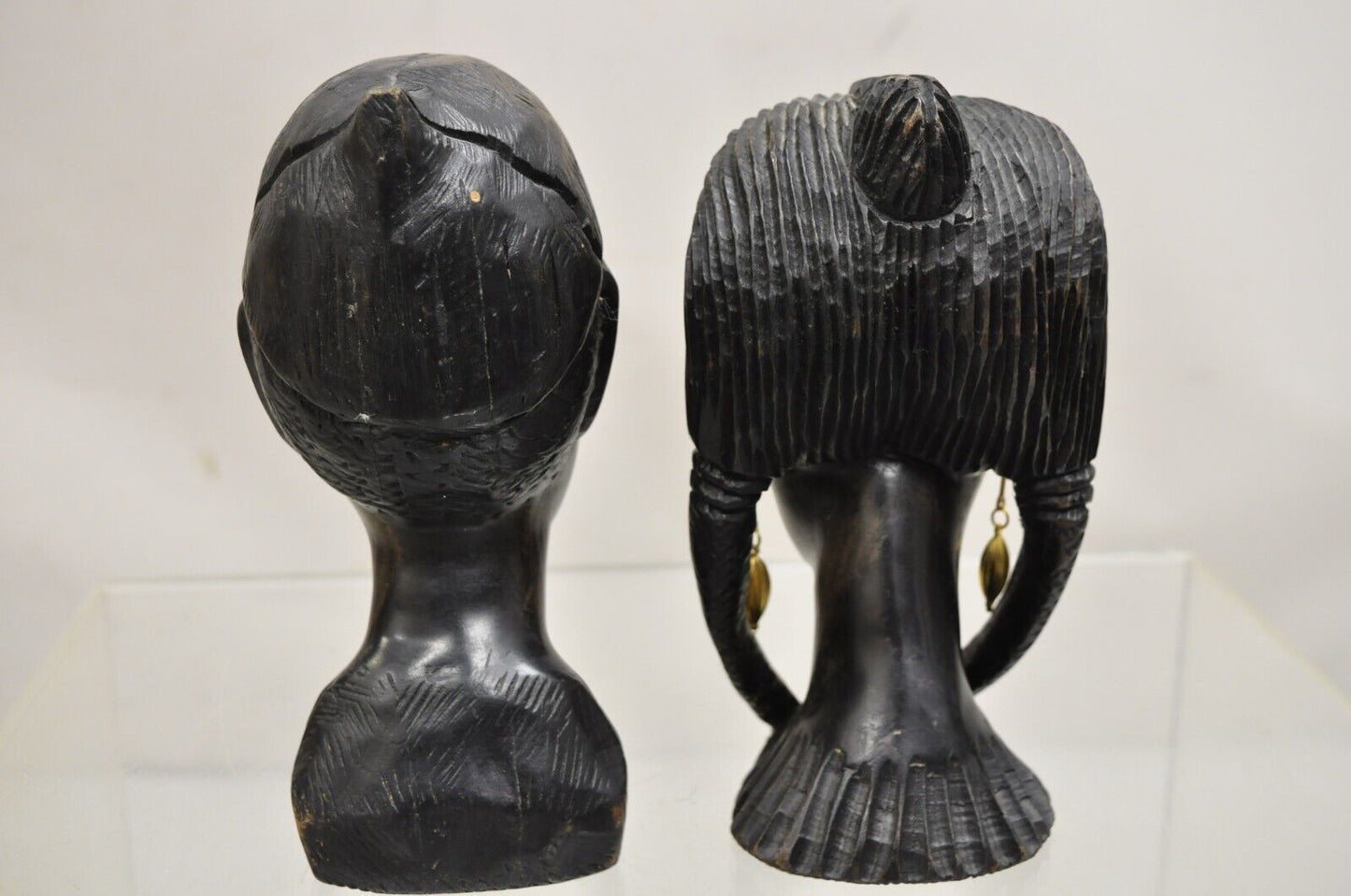 Vintage African Carved Ebony Wood 7" Male and Female Bust Statue Sculpture