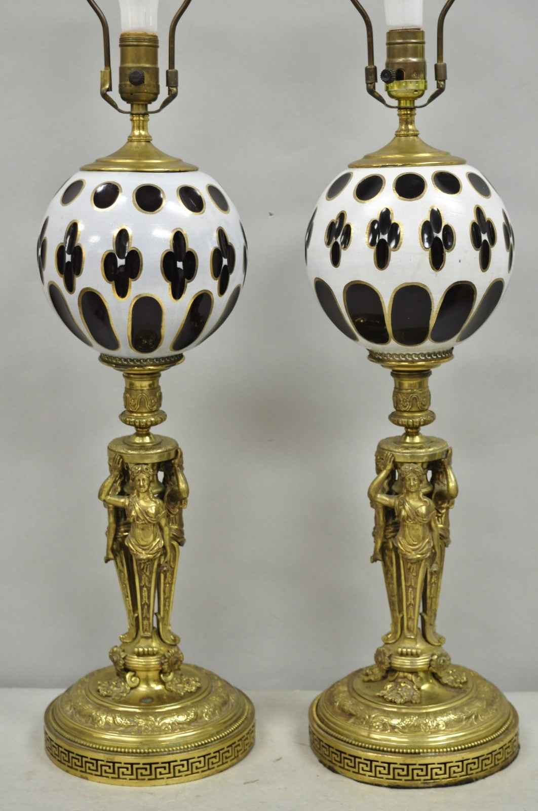 French Renaissance Brass Figural Maiden Base Red Bohemian Glass Table Lamps Pair