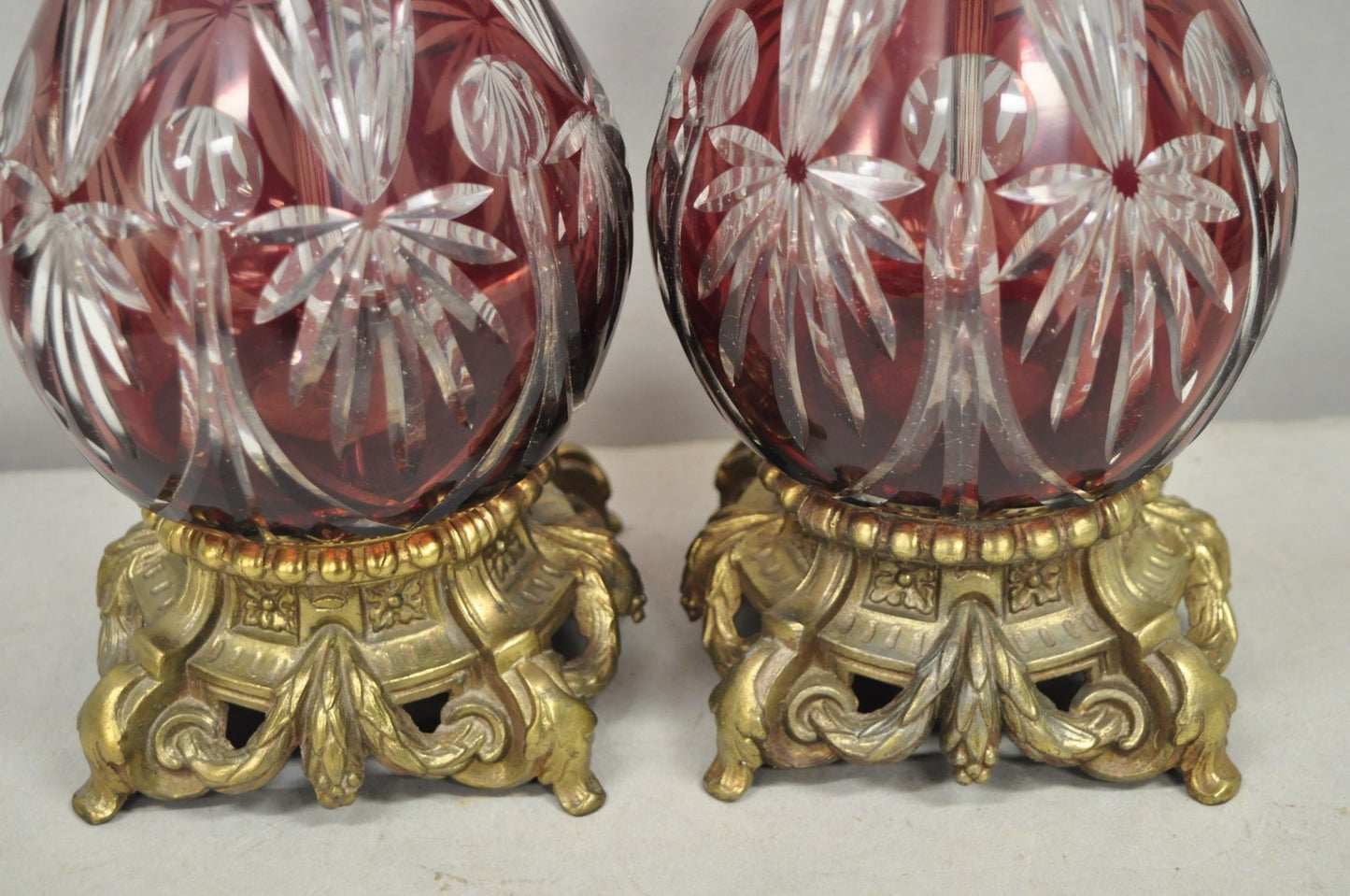 Antique Bohemian Cranberry Ruby Red Cut to Clear Glass Table Lamps - a Pair
