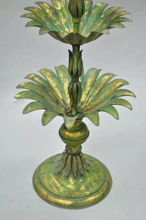 Italian Hollywood Regency Green Gold Tole Metal Palm Leaf 60" Sculpture Statue
