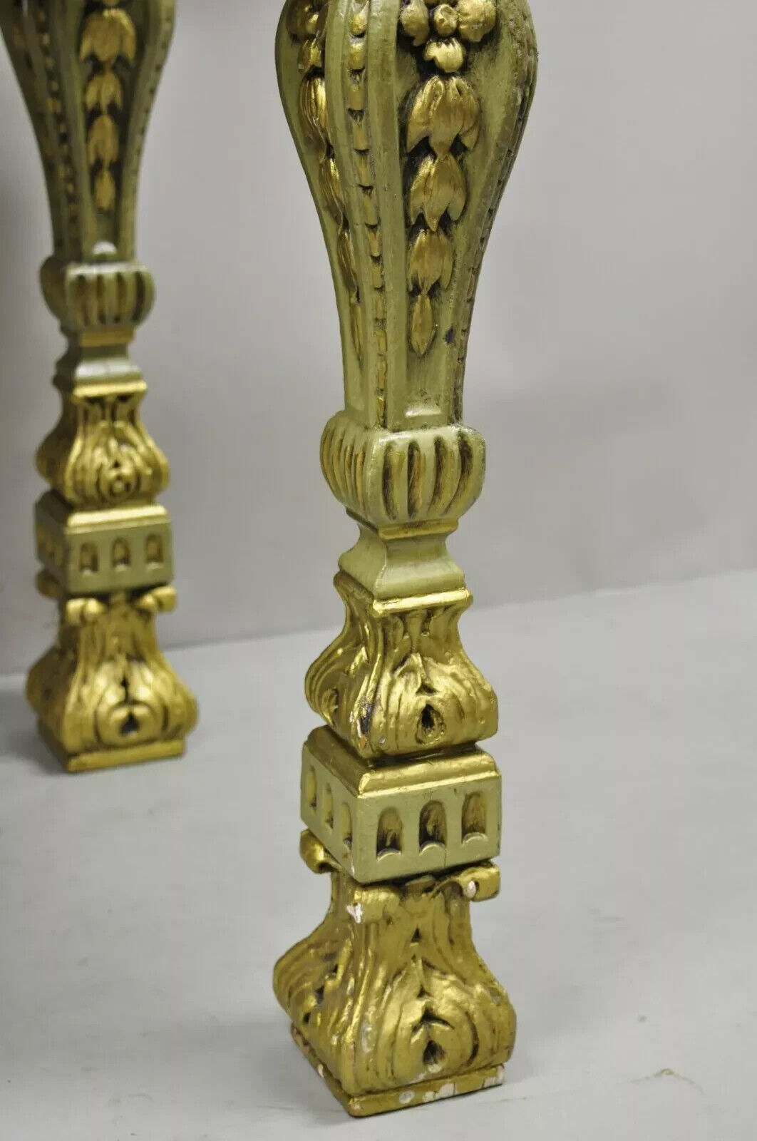 Vintage French Baroque Green Gold Gilt Figural Carved Slate Top Console Table