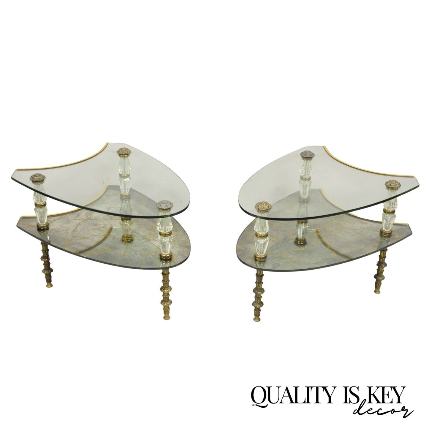 Vintage Hollywood Regency Two Tier Italian Églomisé Glass Side Tables - a Pair