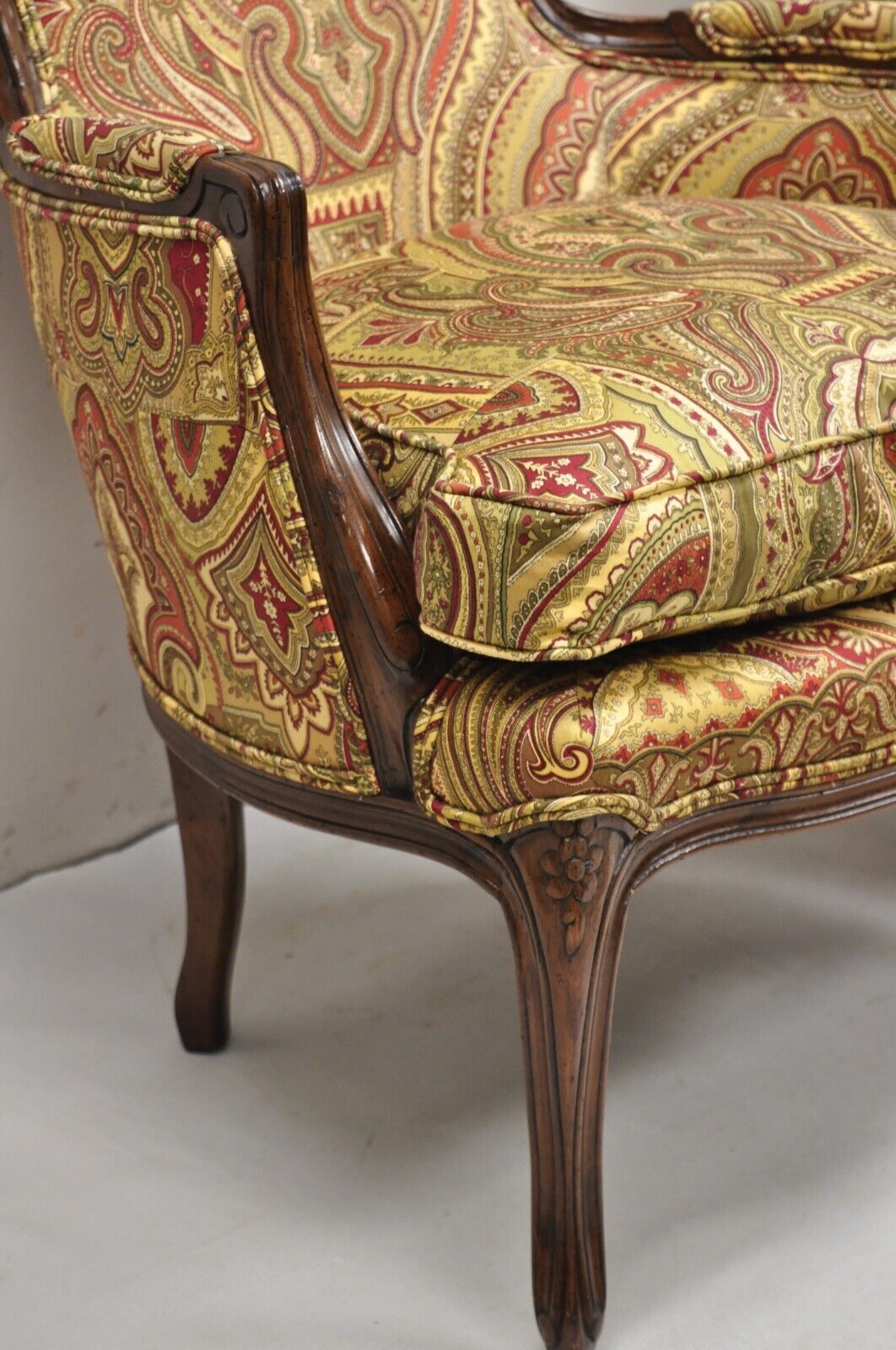 Vintage French Country Carved Walnut Burgundy Bergere Lounge Arm Chairs -a Pair