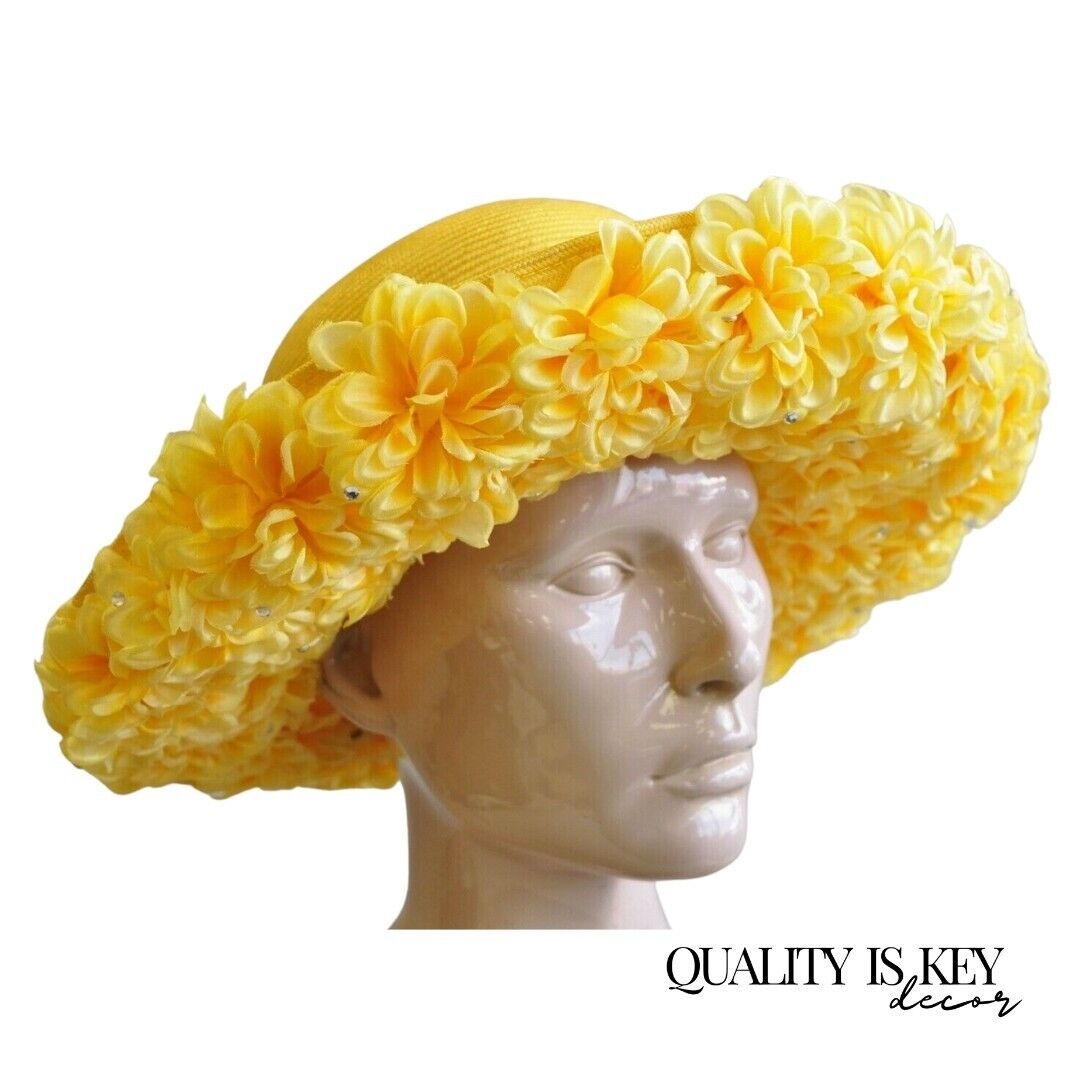 Vintage Jack McConnell Boutique Yellow Straw Bejeweled Flower Petal Derby Hat