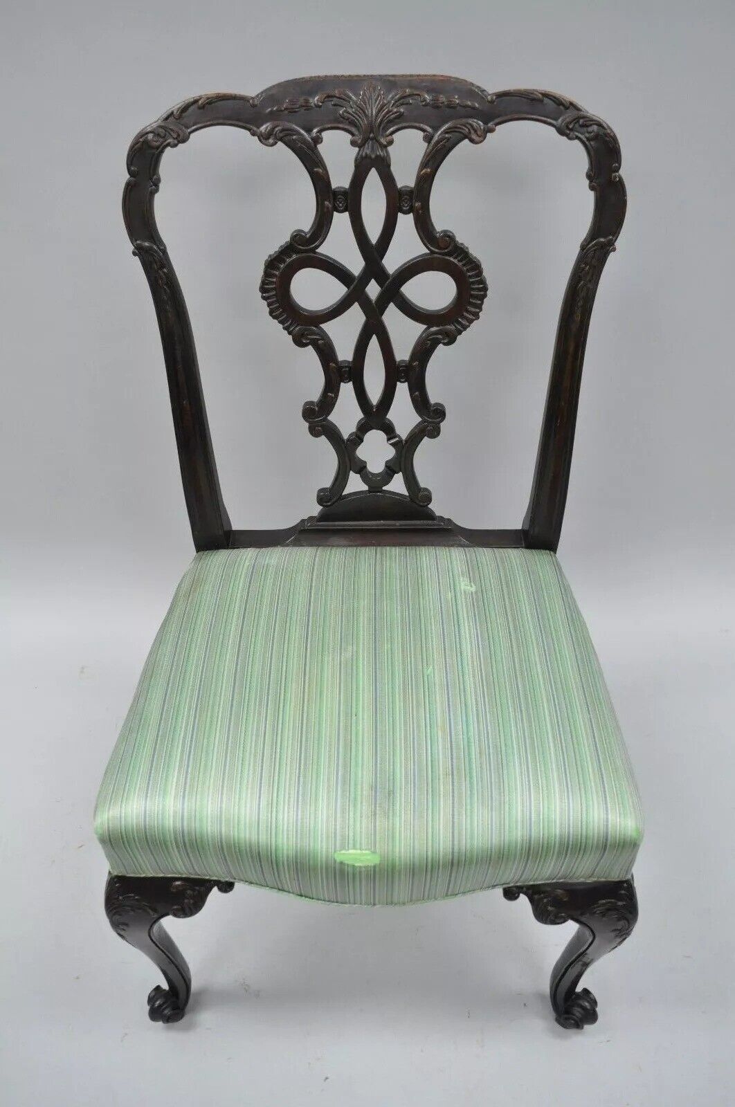 Antique Georgian Style Carved Ribbon Back Solid Mahogany Dining Side Chair (A)