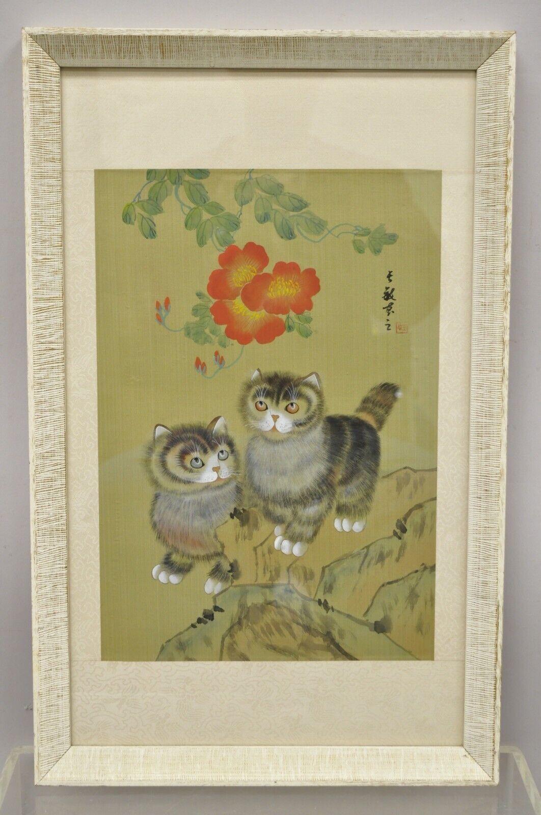 Vintage Chinese Watercolor Silkscreen Framed Painting of Cats and Flowers