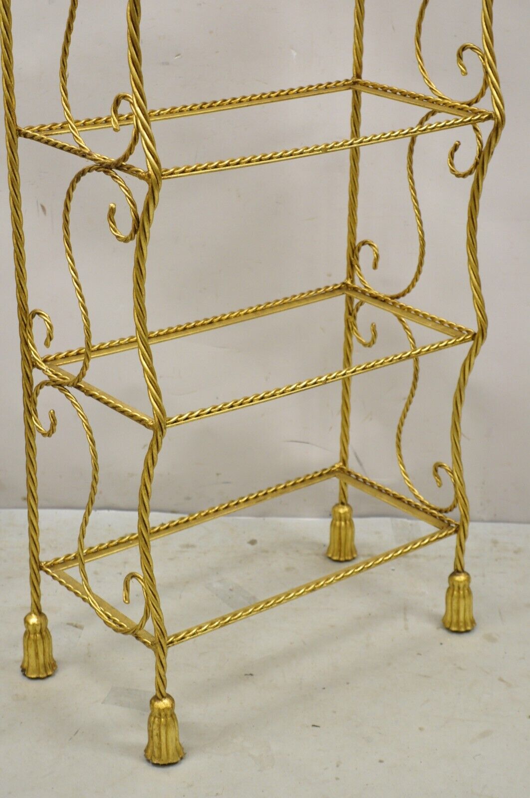 Italian Hollywood Regency Gold Gilt Iron 5 Tier Rope Tassel Narrow Etagere Stand