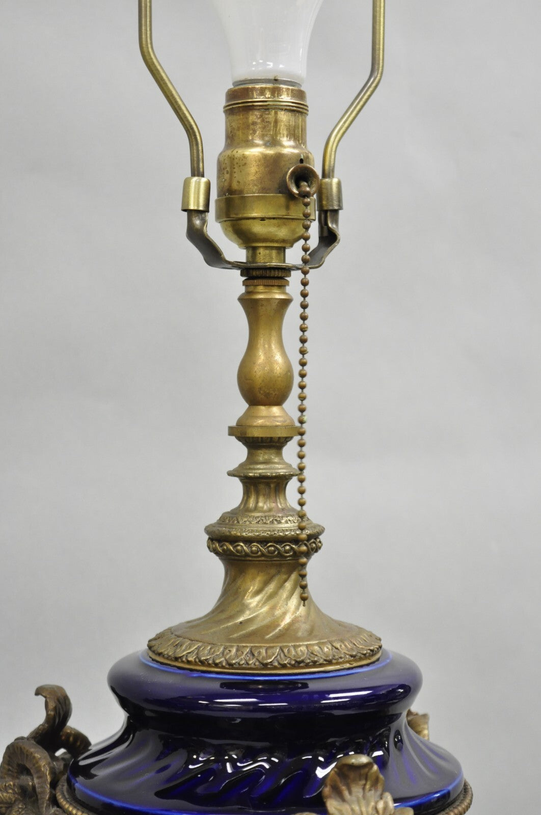 French Empire Neoclassical Bronze Ram Head Cobalt Blue Porcelain Table Lamp Pair
