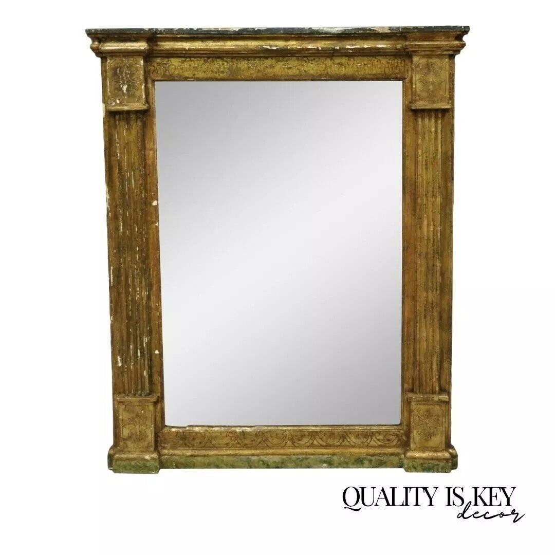 Antique Italian Florentine Giltwood Distressed Gold Looking Glass Wall Mirror
