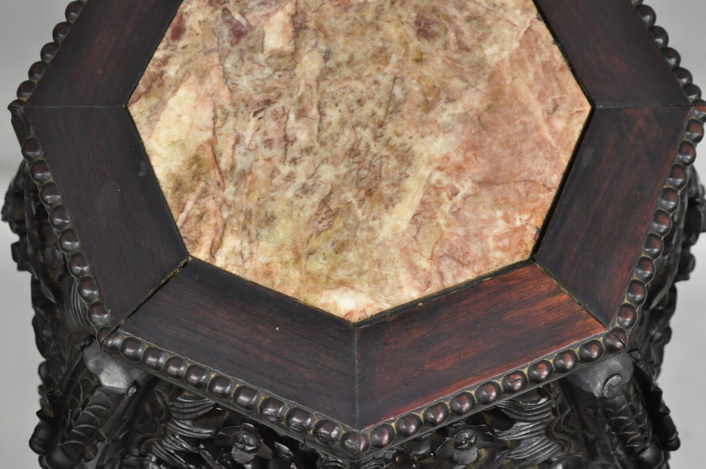 Antique Chinoiserie Chinese Carved Hardwood Marble Top 36" Pedestal Plant Stand
