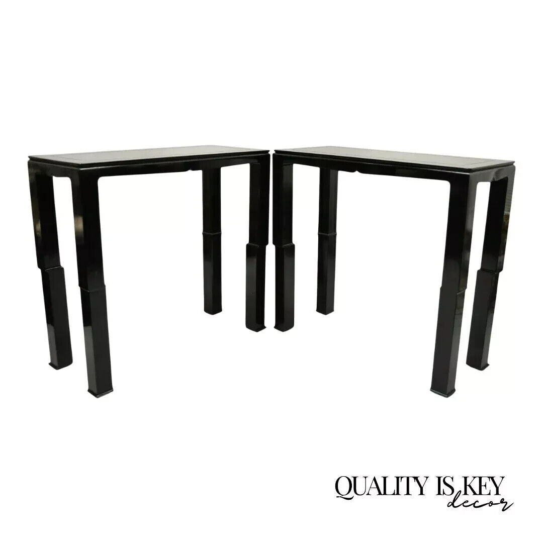 Chinese Ming James Mont Style Black Lacquer Sofa Hall Console Tables - Pair