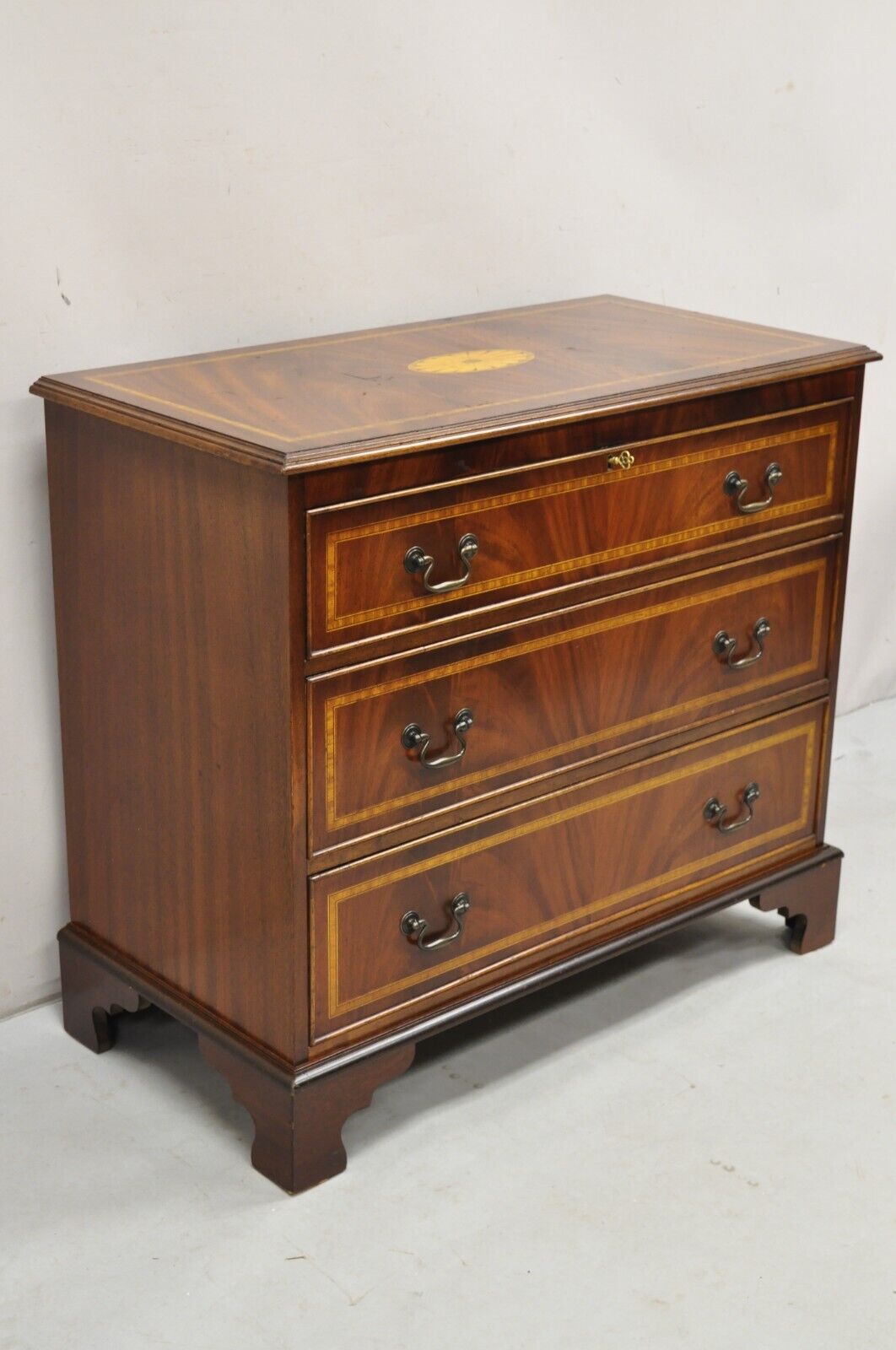 Vintage English Edwardian Style Mahogany Pinwheel Inlay 3 Drawer Dresser Chest