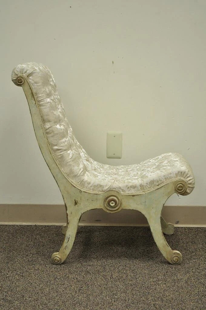 Vintage Carved Wood Japanese Obi Slipper Side Chair w/ Distress Painted Finish