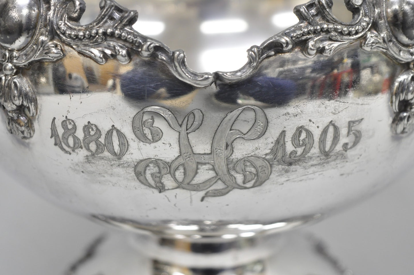 Antique Victorian Silver Plated "1880 H 1905" Monogram Pedestal Fruit Bowl