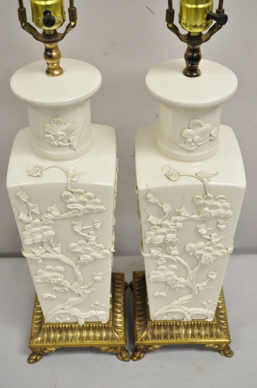 Vintage Chinoiserie Porcelain "Cherry Blossom" Blanc De Chine Table Lamps - Pair