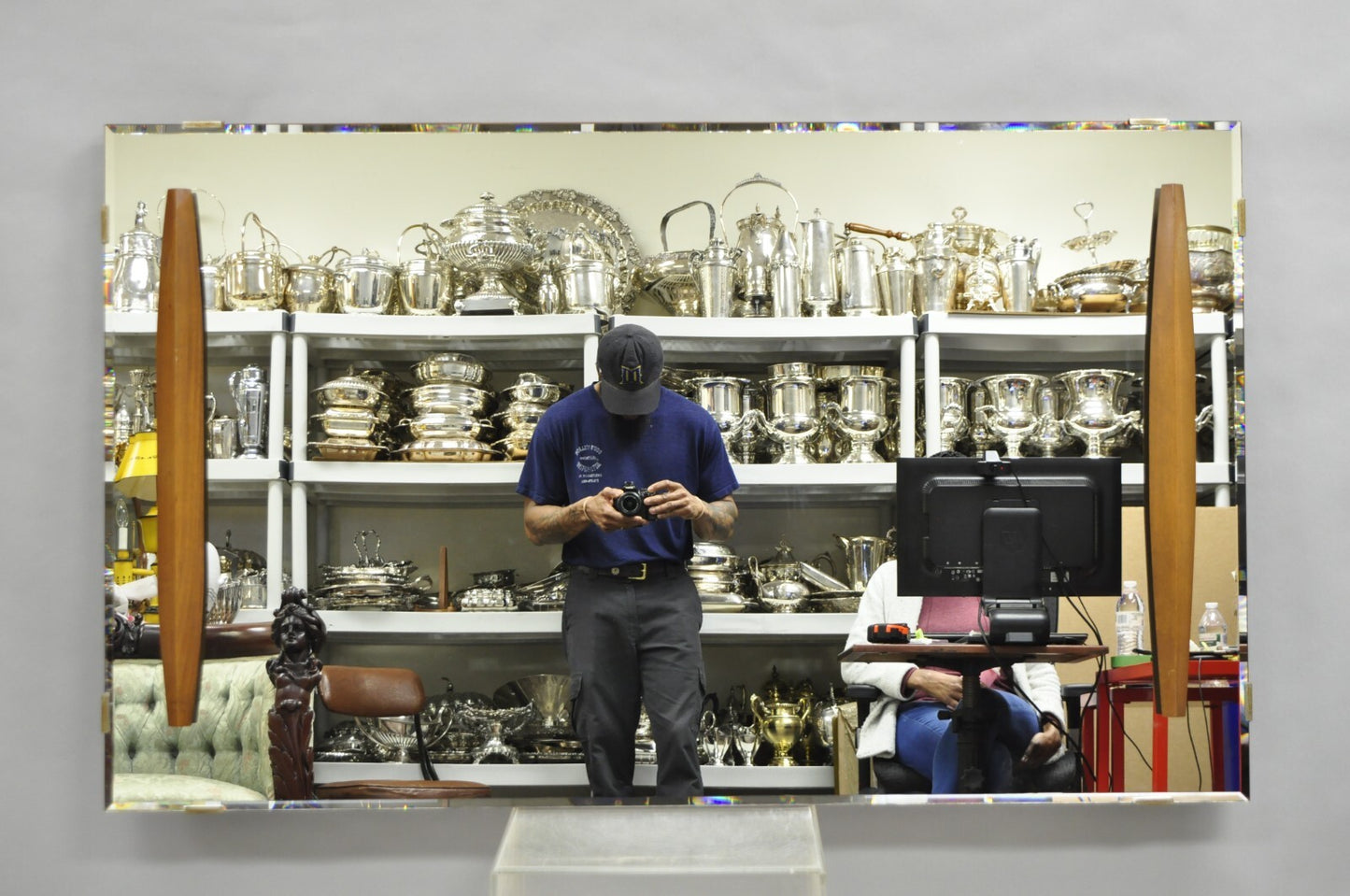 Vintage Mid Century Modern Large Wall Mirror with Raised Sculpted Walnut Accents