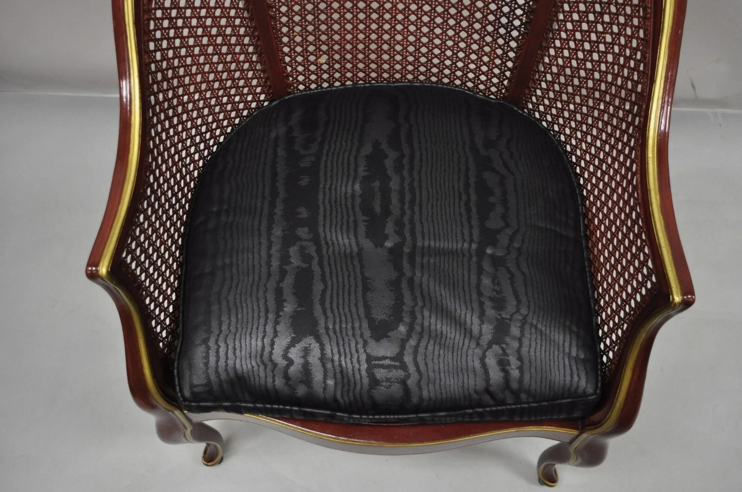 Vintage French Louis XV Style Red Lacquer & Gold Cane Bergere Lounge Club Chair