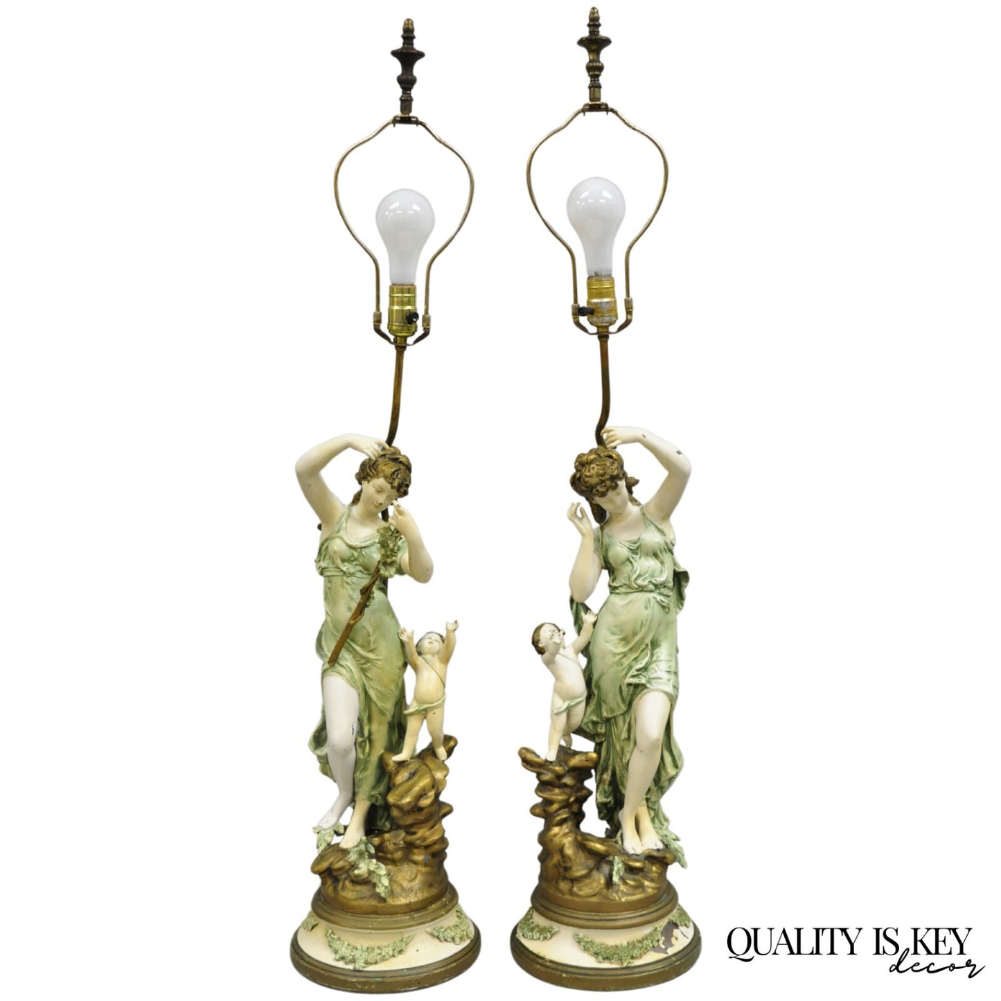 Antique French L&F Moreau Painted Metal Figural Mother & Child Table Lamps Pair