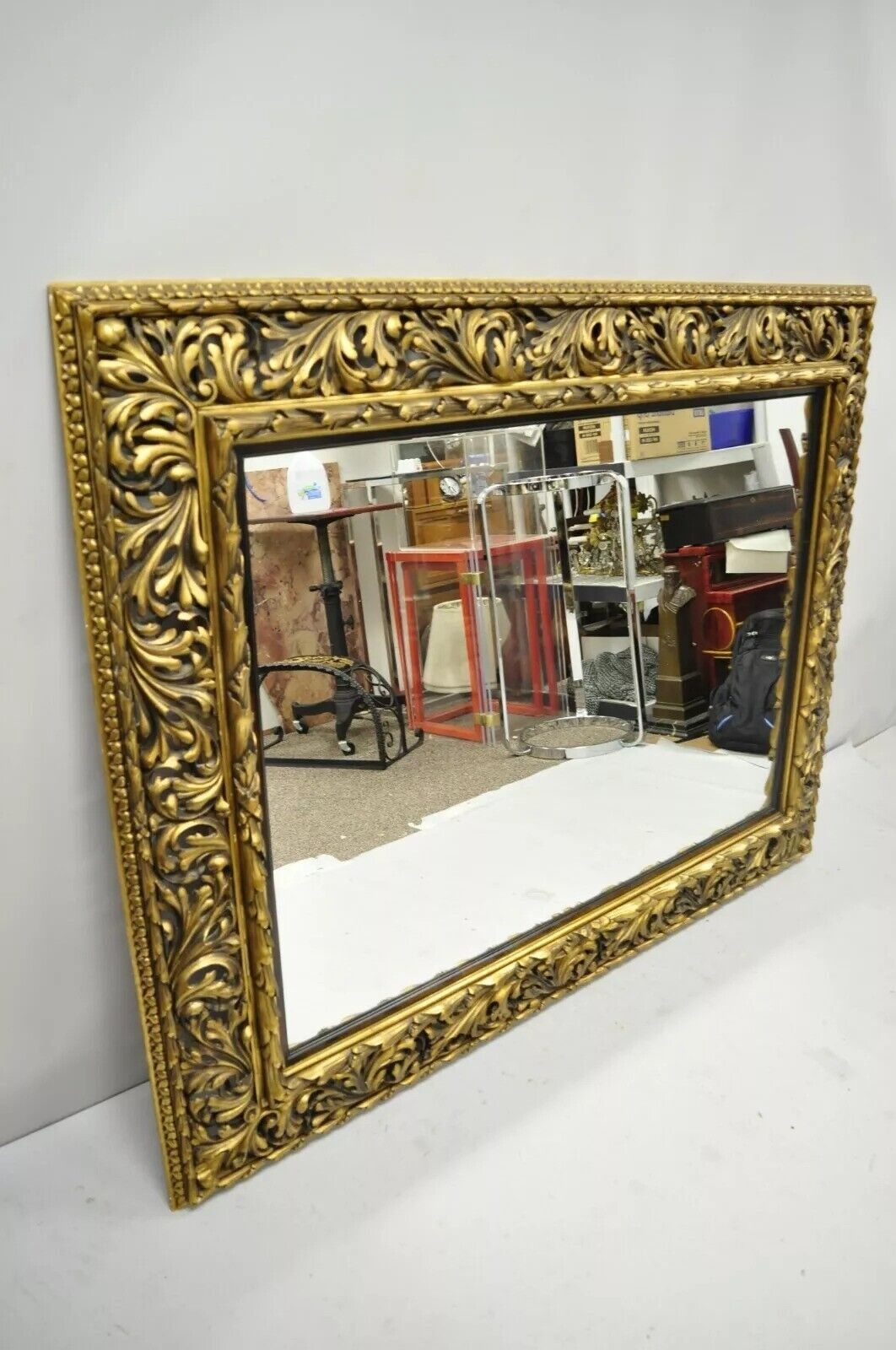 Antique French Baroque Rococo Style Scroll Carved Wood 65" Gold Wall Mirror