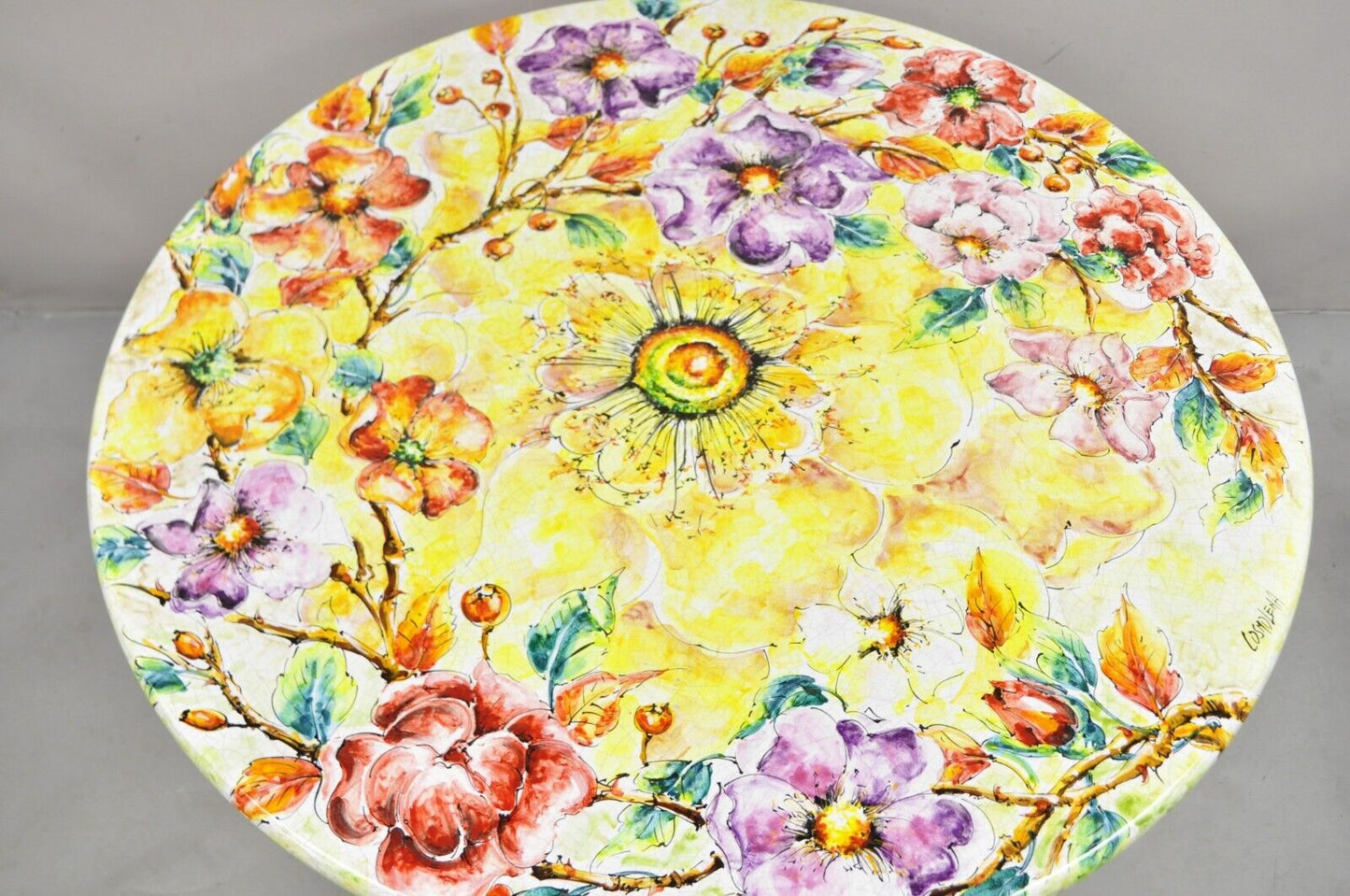 Italian Volcanic Fire Glazed Floral Painted Outdoor Dining Table Set - 7 Pcs